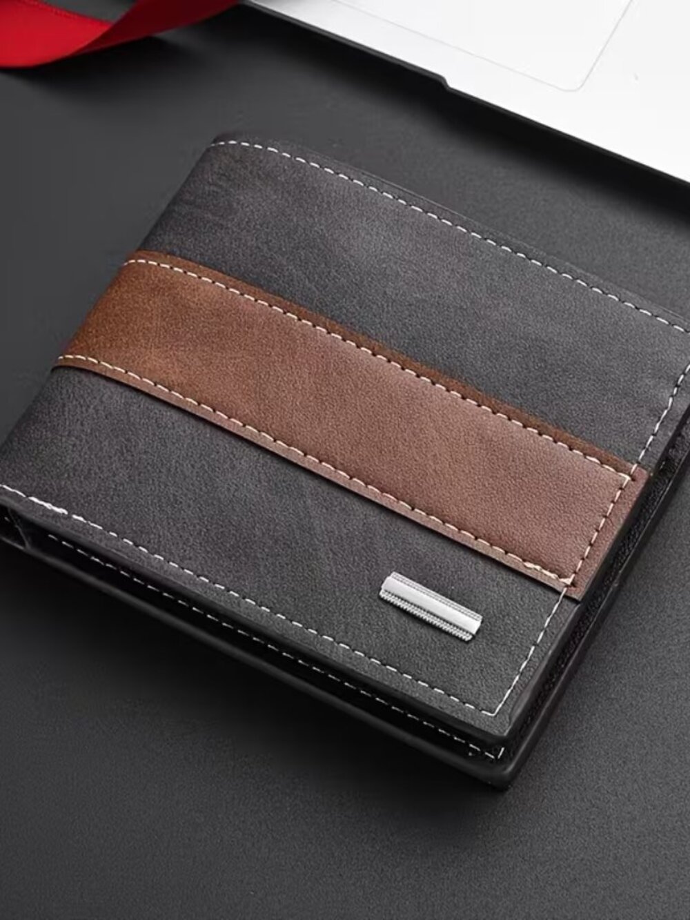 Menโs Bifold Wallet Black Brown Stripe Slim RFID Card Holder - Picture 6 of 8